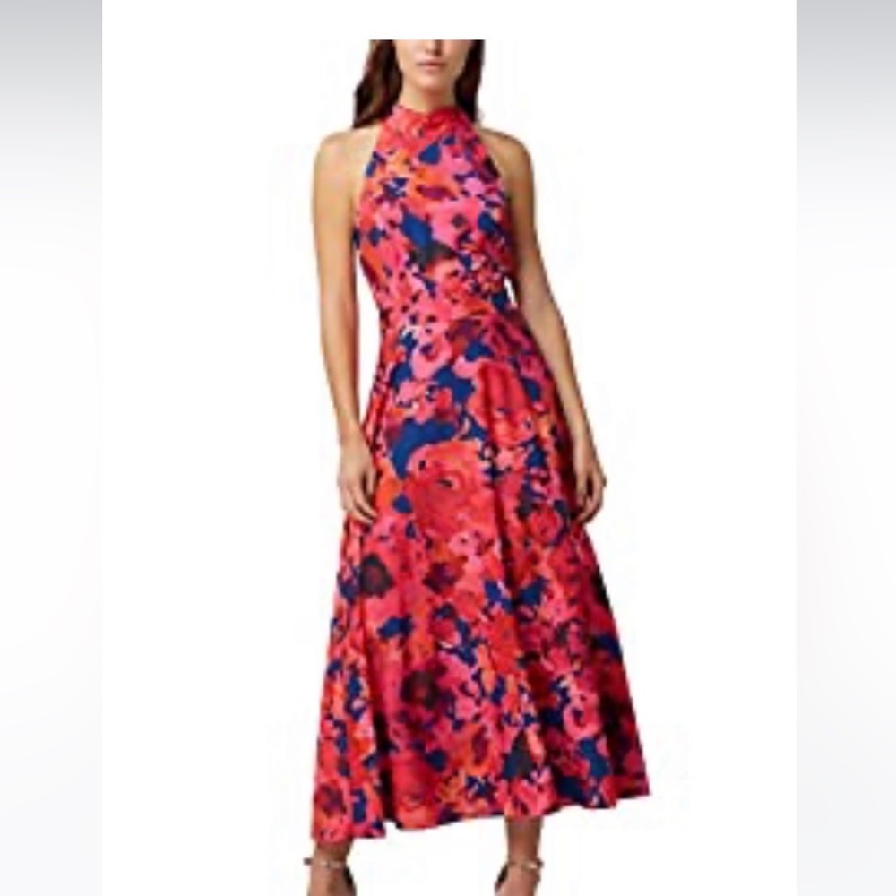 BRAND NEW NEVER WORN Pink floral high neck tie tea length dress super pretty